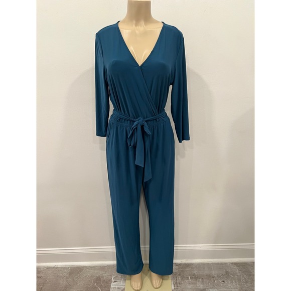 NY Collection Pants - NY Collection Petite Jumpsuit Womens PL Teal Blue Wrap V-Neck Casual Elegant NWT